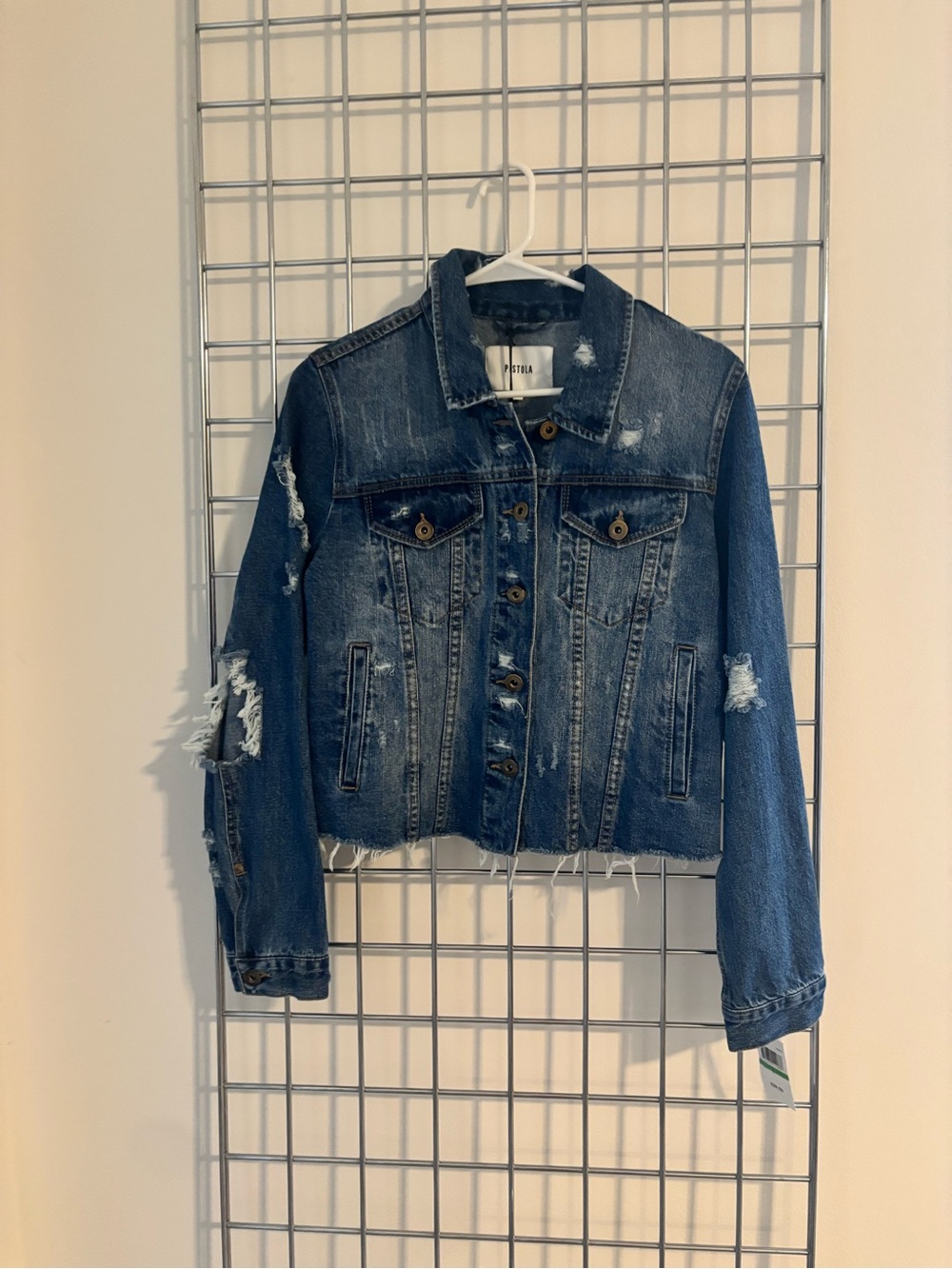 pistola Distressed Dark Blue Cropped Denim Jacket